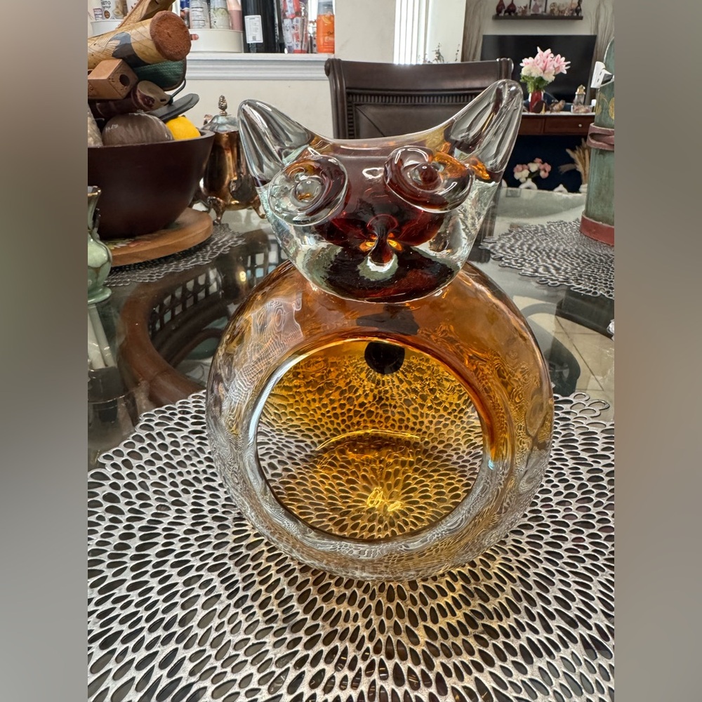 HQT Art Glass Cat Jar Hand Made Open Mouth Candy Treat Jar